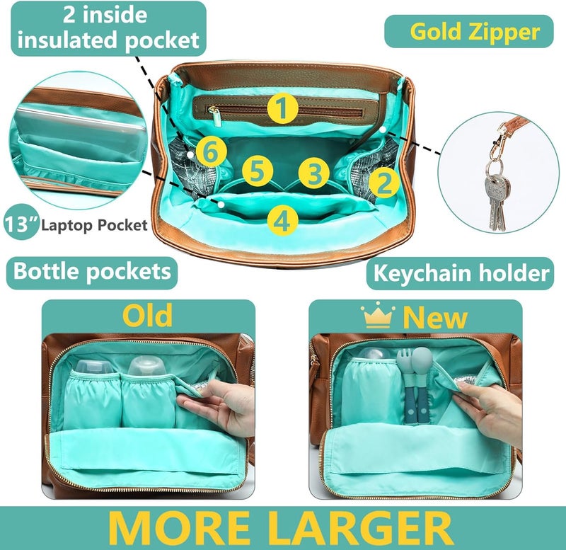MOMINSIDE Diaper Bag Backpack, Leather Baby Bag, Large Capacity, 4 Insulated Pockets, Wet Dry Bag, Changing Pad - Image 3